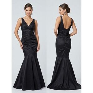 Profile Womens 13 Black V-Neck Ruched Mermaid Gown Slit Evening Dress Stretch